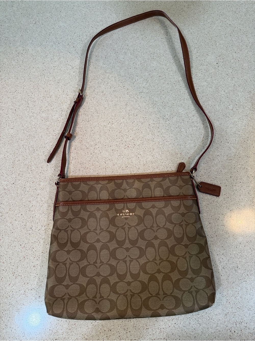 Coach Signature File Crossbody Bag Brown Khaki Canvas Leather Trim Adj. Strap